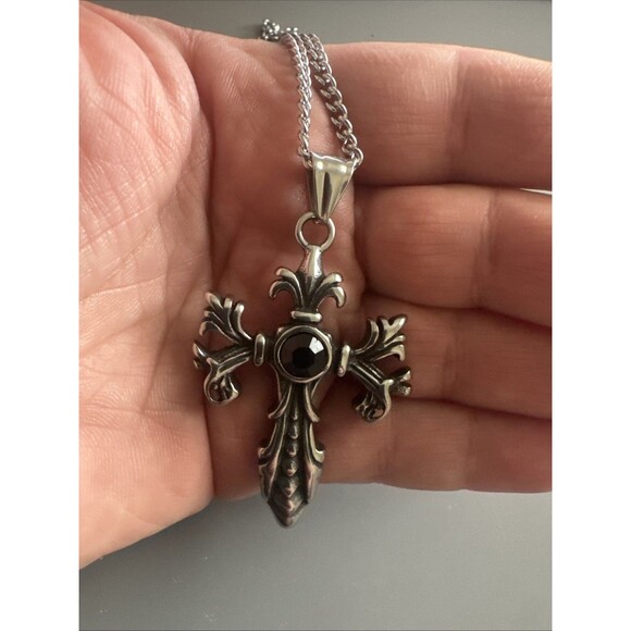 Cross Chain Pendant Double Sided Stone Viking Gothic Vintage Stainless Steel 24” - Picture 5 of 6